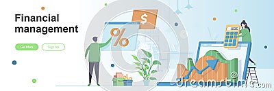 Financial management landing page with people characters. Financial analysis and calculating banner. Capital investment Vector Illustration