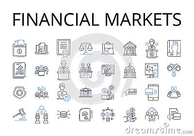 Financial markets line icons collection. Stock exchange, Investment vehicles, Capital markets, Mtary economy, Cash Vector Illustration