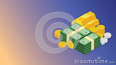 Financial money cash management with stack of money and gold coin with free space for text - vector Cartoon Illustration