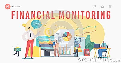 Financial Monitoring Landing Page Template. Tiny Business Characters Analysing Data Report on Huge Dashboard Vector Illustration