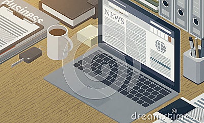 Financial news online on the laptop,3D illustration Cartoon Illustration