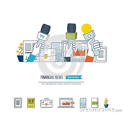 Financial news and strategy, planning strategy concept. Press conference. Vector Illustration