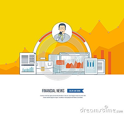 Financial news and strategy, planning strategy concept. Press conference. Vector Illustration