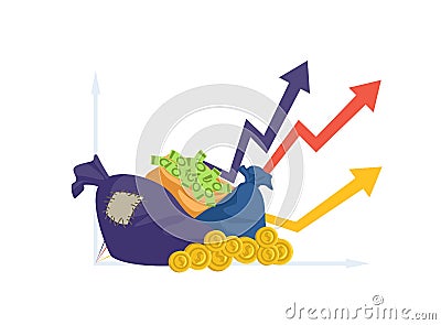 Financial performance. Money bag, coins and cash. Business success, investments profit vector illustration Vector Illustration