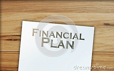 financial plan words on page and paper signs of dollar around. Business concept Stock Photo