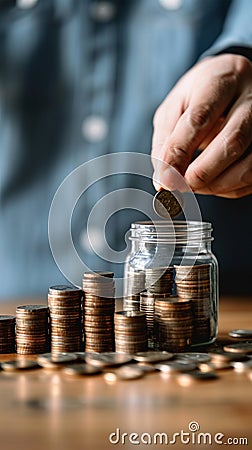 Financial planning, businessman calculates coins, glass jar, investment concept Stock Photo