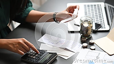 Financial planning concept, Closeup woman calculate billing with finance home. saving Stock Photo