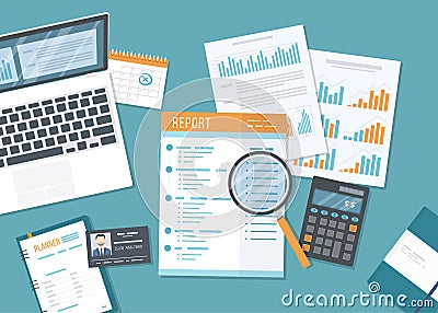 Financial report business report with paper documents, forms. Accounting, inspection, research, planning, analysis, audit, calcula Vector Illustration