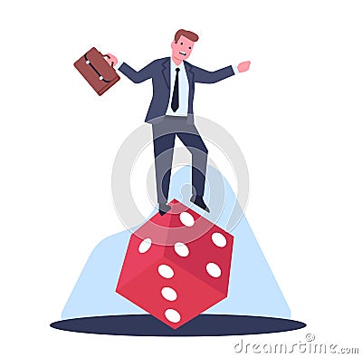 Financial risk. Businessman tries to stand on dice. Fortune gaming. Casino gambling addiction. Office worker balancing Vector Illustration