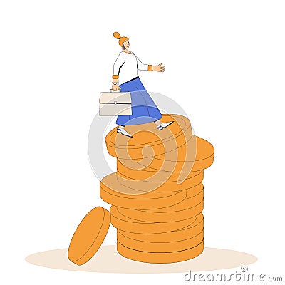 Financial risk. Woman try not to fall down. Young female character with huge stack of coin isolated on white background. Vector Vector Illustration