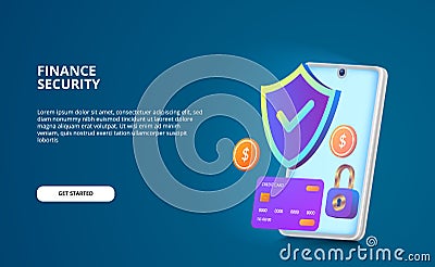 Financial security payment concept. Modern illustration with glow screen and gradient color. shield, padlock, coin, credit card 3D Vector Illustration