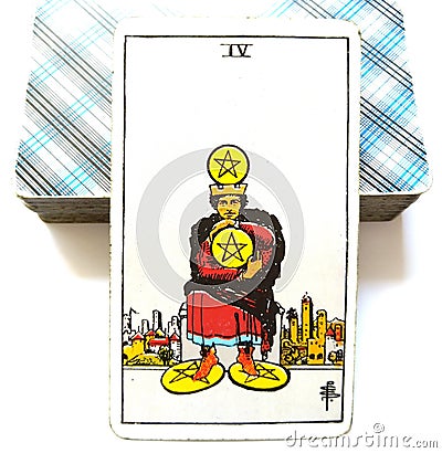 4 Four of Pentacles Tarot Card Financial Stability/Security Savings Investments Business Wealth Materialistic Miser Penny Pinching Stock Photo