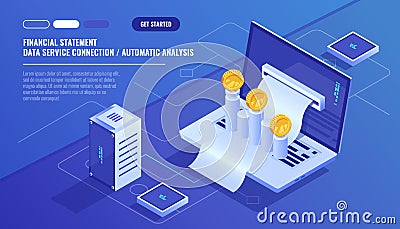 Financial statement, analysis and statistic online servises, laptop with payment schedule, money cash accounting Vector Illustration