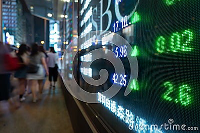 Financial stock exchange market display screen board on the street and city light reflection in Hong Kong Stock Photo