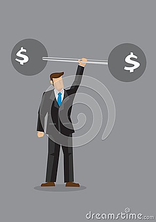 Cartoon man lifts barbell with money sign Vector Illustration