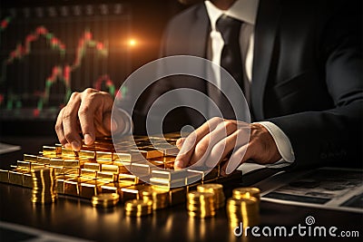 Financial success businessman building a gold bullion empire on charts Stock Photo