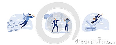 Financial success, businessman holding group of speech bubble balloons as member opinions, businessman jump bouncing high on Vector Illustration