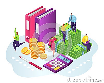 Financial support, charity, man gives dollars and gold coins vector illustration. Receiving money. Transfer of currency Vector Illustration