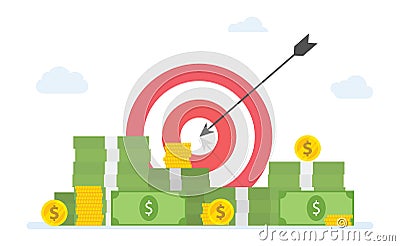 Financial target goals with stack of cash money and gold coin - vector Cartoon Illustration