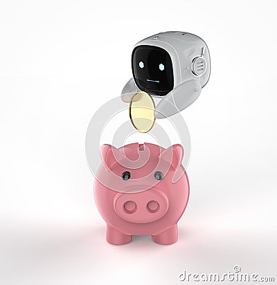 Financial technology concept with small robot with piggy bank Stock Photo