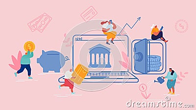 Financial Technology, Fintech Concept. People Using Mobile Banking and Finance Management for Internet Mobile Payments Vector Illustration