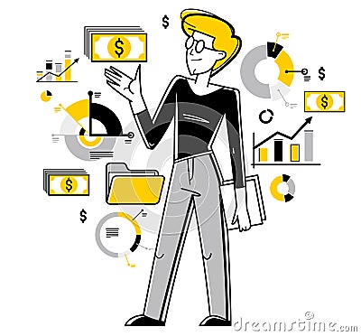 Financier working with charts and bars vector outline illustration, accountant working with financial data, analyst adviser Vector Illustration