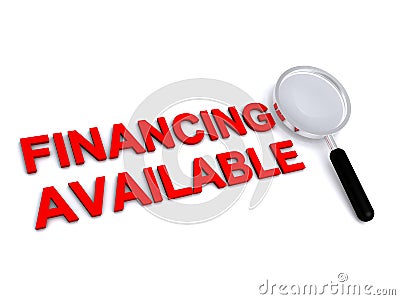 Financing available with magnifying glass on white Stock Photo