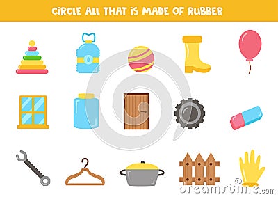 Find all rubber objects. Educational worksheet for children. Vector Illustration