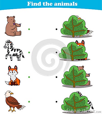 Finding Hiding Animals Child Exercise Sheet bear zebra fox eagle Vector Illustration