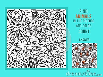 Find animals and color, count. Games for Children. Puzzle Hidden Items. Funny cartoon character. Vector illustration. Vector Illustration