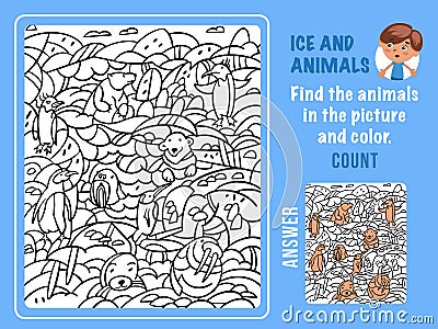 Find animals among the snow and ice, color and count. Games for kids. Puzzle game with hidden objects. Funny cartoon Vector Illustration