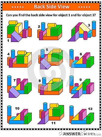 Find back side view visual math puzzle with building blocks objects Vector Illustration