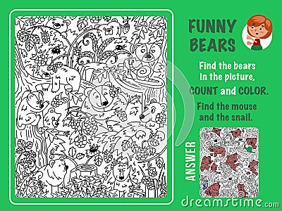 Find bears in picture, count and color. Games for kids. Puzzle with hidden objects. Black and white outline for coloring Vector Illustration