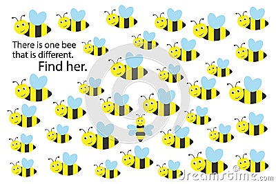 Find bee that different, spring fun education puzzle game for children, preschool worksheet activity for kids, task for the Stock Photo