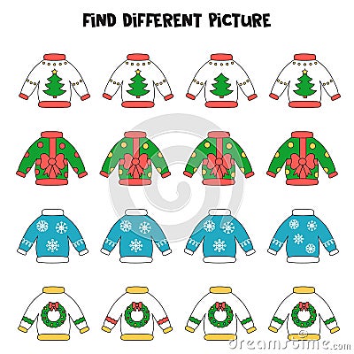 Find Christmas sweater which is different from others. Worksheet for kids. Vector Illustration