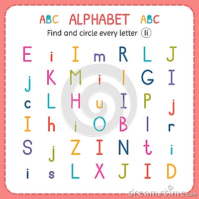 Find and circle every letter I. Worksheet for kindergarten and preschool. Exercises for children Vector Illustration