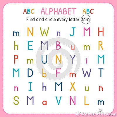 Find and circle every letter M. Worksheet for kindergarten and preschool. Exercises for children Vector Illustration