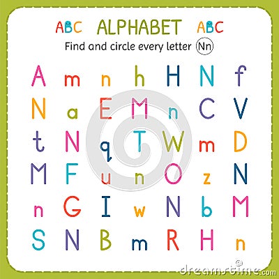 Find and circle every letter N. Worksheet for kindergarten and preschool. Exercises for children Vector Illustration