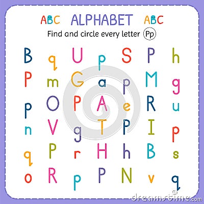 Find and circle every letter P. Worksheet for kindergarten and preschool. Exercises for children Vector Illustration