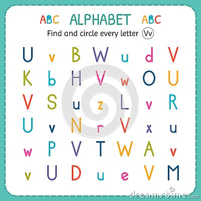 Find and circle every letter V. Worksheet for kindergarten and preschool. Exercises for children Vector Illustration