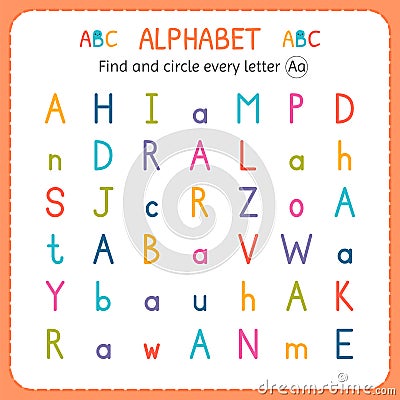 Find and circle every letter A. Worksheet for kindergarten and preschool. Exercises for children Vector Illustration