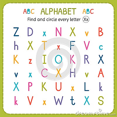 Find and circle every letter X. Worksheet for kindergarten and preschool. Exercises for children Vector Illustration