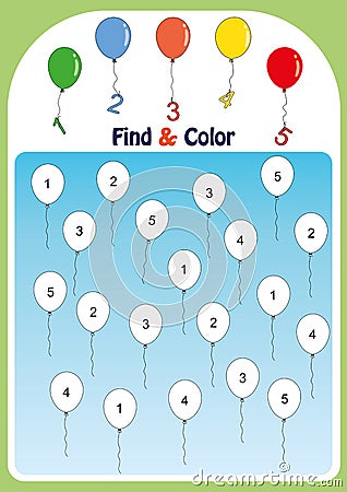 find and color numbers 1-5, math worksheet for kids Stock Photo