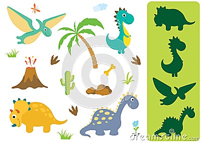 Find the correct shadow: Adorable dinosaurs isolated on white background Stock Photo