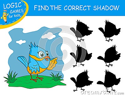 Find the correct shadow the Bird. Cute cartoon parrot on colorful background. Educational matching game with fun character. Vector Illustration