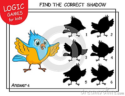 Find the correct shadow Bird. Cute cartoon Parrot. Educational matching game with cartoon character. Logic Games for Kids Vector Illustration