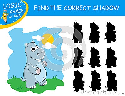 Find the correct shadow the cute cartoon Hippo on colorful background. Educational matching game for children with fun character. Vector Illustration