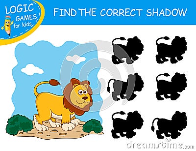 Find the correct shadow the cute cartoon Lion on colorful background. Educational matching game for children with fun character. Vector Illustration