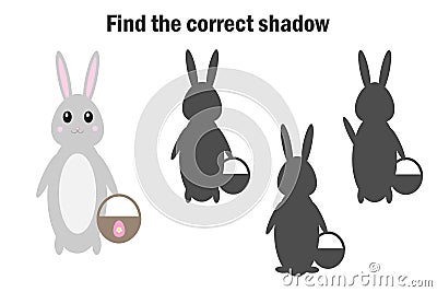 Find the correct shadow, easter game for children, bunny in cartoon style, education game for kids, preschool worksheet activity, Stock Photo
