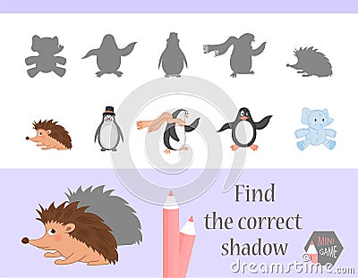 Find the correct shadow, education game for children. Cute Cartoon animals and Nature. vector illustration. Vector Illustration